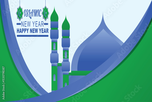 Elegant "Happy Islamic New Year" design in calming blue and green tones, perfect for Muharram celebrations, social posts, and Islamic greeting cards.