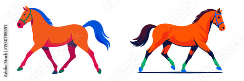 Colorful horses walking side by side in abstract style showcasing vibrant hues and dynamic movement