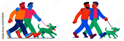 Friends enjoy a leisurely walk in the park with their dogs on a sunny afternoon