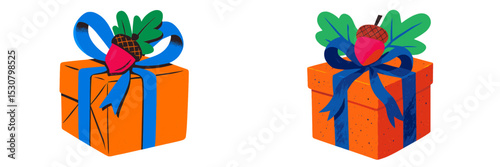 Colorful gift boxes decorated with ribbons and foliage are ready for celebration at a festive event