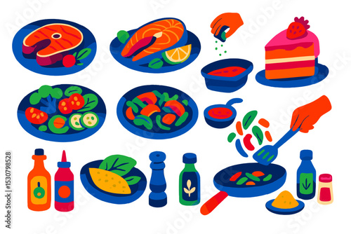 Colorful illustration of diverse dishes and fresh ingredients being prepared in a vibrant kitchen setting