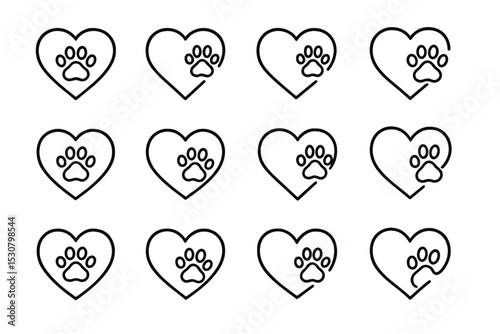 Heart and paw print outline designs in a grid pattern for animal lovers and pet owners