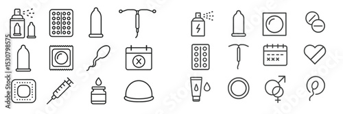 Various contraceptive methods and reproductive health symbols illustrated in a minimalistic style for educational purposes