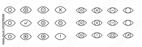 Collection of eye icons displaying various symbols representing actions and statuses in a minimalist design setting