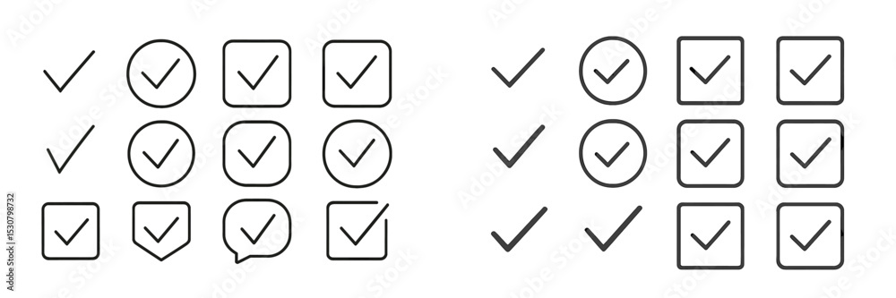 Various checkmark and checkbox designs suitable for user interface and graphic design projects on a plain background