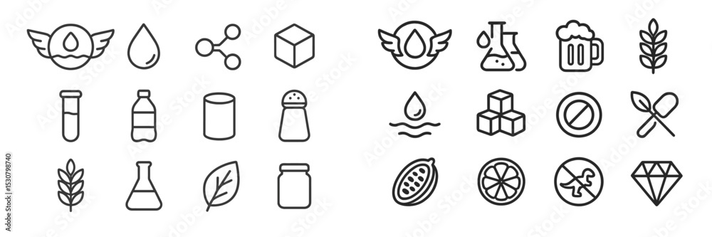 Fototapeta premium Collection of minimalist line icons representing various concepts related to science, food, and nature in a modern design layout