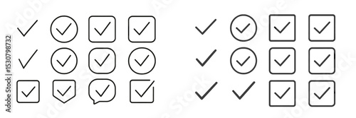 Various checkmark and checkbox designs suitable for user interface and graphic design projects on a plain background