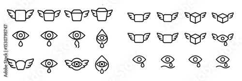 Creative set of winged icons depicting eyes and boxes in a minimalist style on a plain background