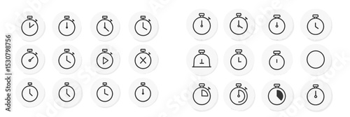 Collection of timer and clock icons displayed in a grid format showcasing various styles and designs for digital applications