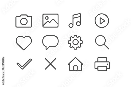 Icon collection showcasing common digital functions and symbols for user interaction in user interface design