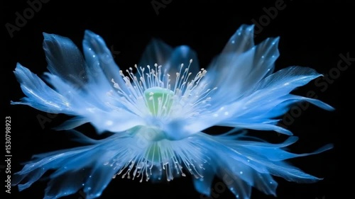 Ethereal blue flower with delicate petals reflecting on a dark background, creating a serene ambiance