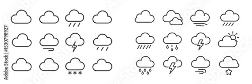 Weather icons collection featuring different cloud types and conditions in a minimalist design