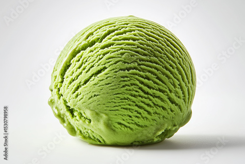 Single Bright Green Scoop of Matcha Flavored Ice Cream on White Background