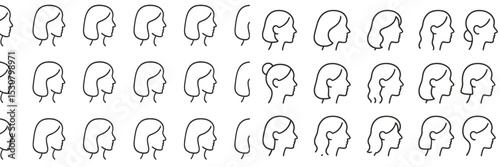 Diverse hairstyles illustrated through simple outlines of women's profiles in a seamless pattern