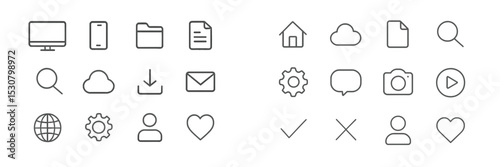 Collection of simple line icons representing technology, communication, and home concepts placed on a light background