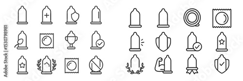 Collection of various condom icons representing safety, protection, and health practices in a modern and minimalist style