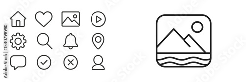 User interface icons designed for digital applications featuring social media and navigation elements with a minimalist style