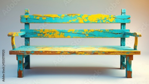 Ancient rural bench made from logs. White background with the bench isolated. Roughly hammered wooden bench in multi-colours.