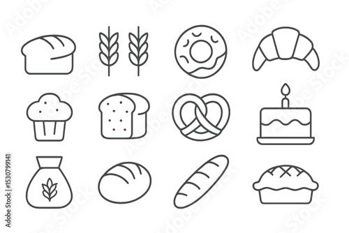 Delicious baked goods illustrated in simple line art showcasing various breads and pastries