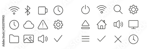 Icon collection showcasing various technology symbols representing connectivity, settings, and notifications in a minimalistic style