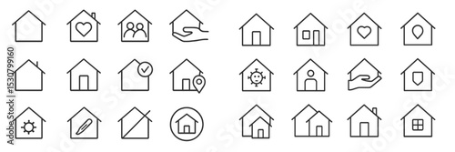 Icons representing various concepts related to home, community, and care in a clean and minimalist style suitable for design use