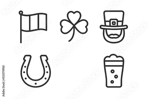 Symbols of Irish culture and celebration featuring a flag, clover, leprechaun hat, horseshoe, and pint of beer