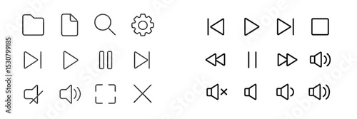 Collection of media control icons and action symbols designed for digital applications and user interfaces