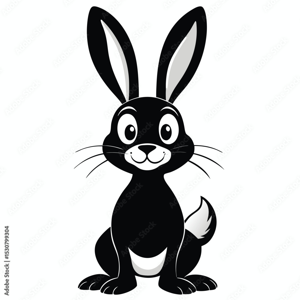 Fototapeta premium Animated rabbit with black fur and floppy ears sits, smiling sweetly in cartoon style