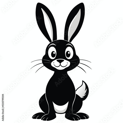 Animated rabbit with black fur and floppy ears sits, smiling sweetly in cartoon style