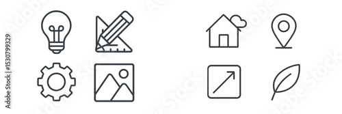 Icons representing creativity and design in a minimalistic format for modern projects, displayed in a clean arrangement
