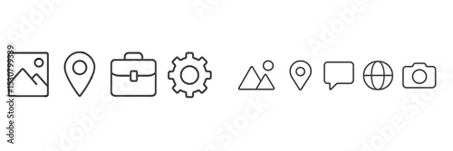 Icons representing various activities and functions related to images, locations, and communication in a digital context