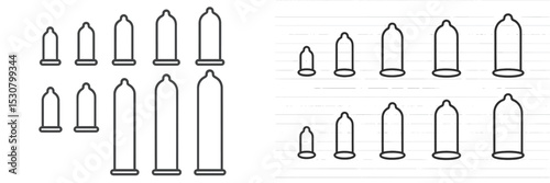 Variety of condom sizes illustrated on lined paper with simple outlines showcasing different shapes and dimensions