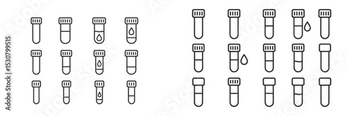 Collection of laboratory test tubes arranged in a grid showing various states and conditions of liquid at a research facility
