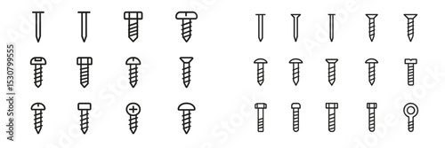 Collection of different types of screws and nails displayed in a grid format showing various designs and shapes
