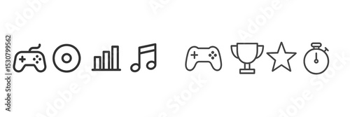 Iconic imagery of gaming elements including controllers, trophies, and soundwaves representing the world of video games