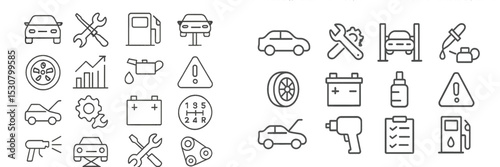 Automotive maintenance icons showcasing tools, parts, and repair elements in a minimalist design