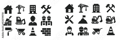 Construction tools and equipment icons illustrating various building activities and workers at a construction site