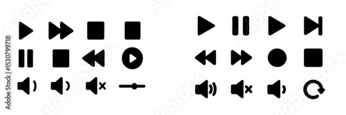 Variety of multimedia control icons suitable for user interface design in digital applications
