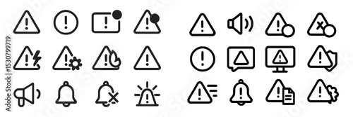 Warning symbols for alerts and notifications designed for digital interfaces and signage purposes displayed on a clean background
