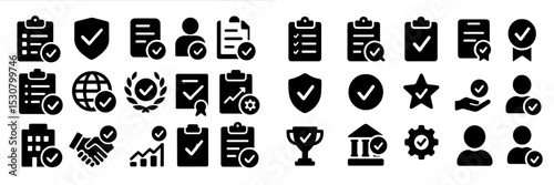 Collection of black icons representing user verification, checklists, and achievement in a digital context