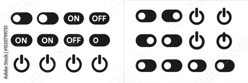 Toggle switch designs for user interface elements displaying on and off states in various styles