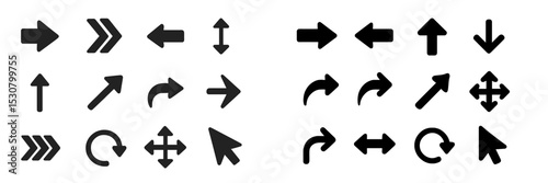 Collection of directional arrows and symbols displayed on a plain background for graphic design or layout purposes