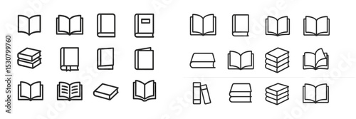 Collection of various book icons arranged in neat grid patterns showcasing different styles and formats