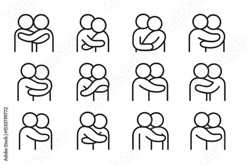 Various representations of hugging with simplistic figures in a uniform grid layout highlighting affection and connection