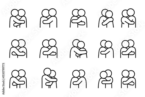 Various representations of people embracing in simple line art style on a white background showcasing connection and affection