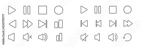 Symbols for media control displayed in a minimalistic style featuring play, pause, stop, and volume icons