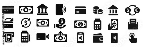 Various financial icons illustrating banking transactions, payment methods, and digital finance activities