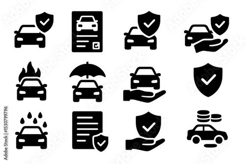 Symbols representing car insurance and protection services in a simple black and white design