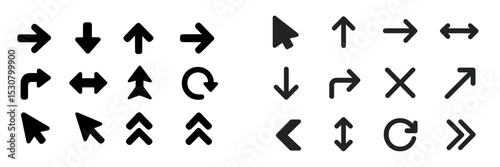 Variety of black arrows and directional symbols on a white background for navigation and guidance purposes