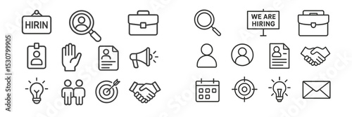 Job recruitment icons representing hiring process and employee search in a modern workplace environment
